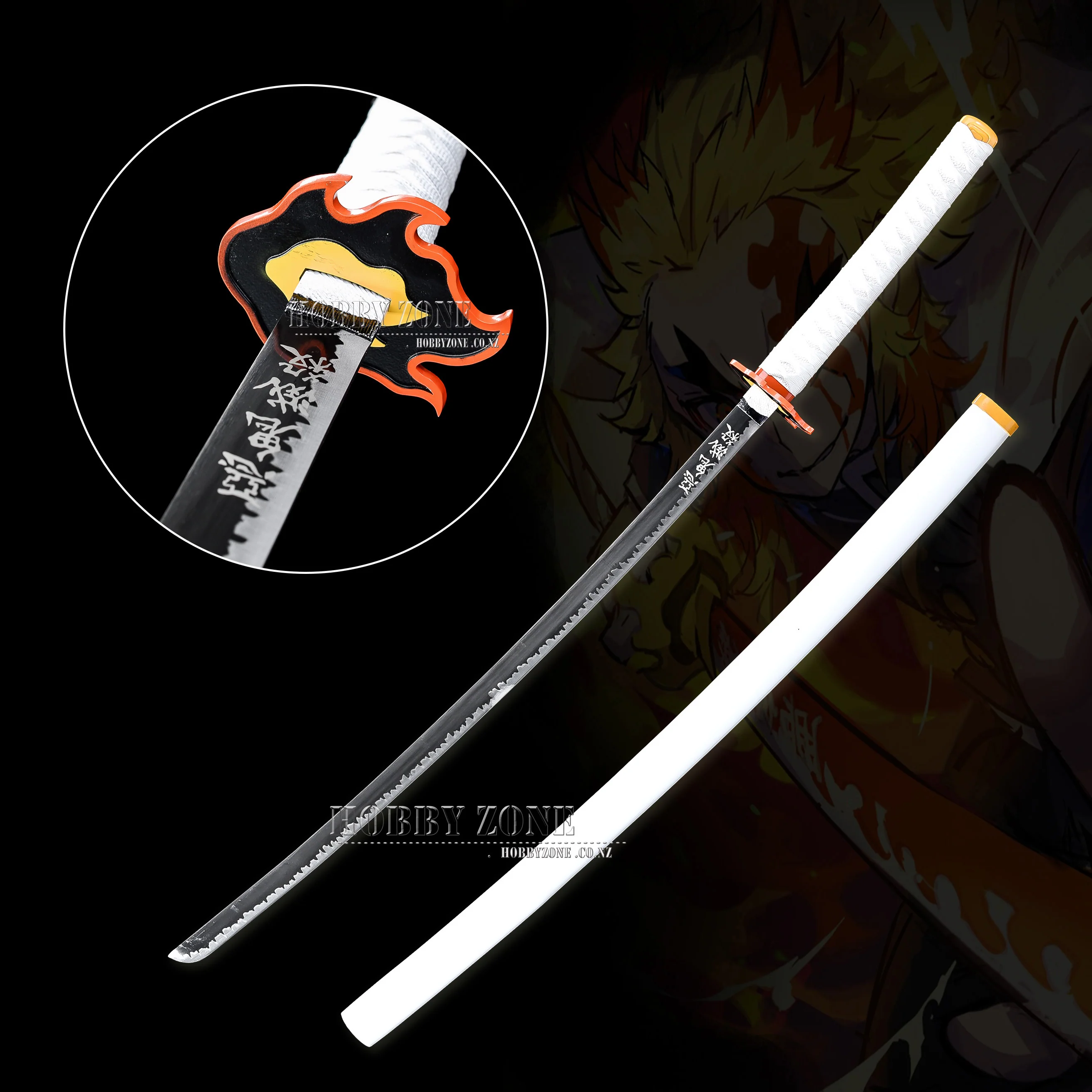 Demon Slayer – Kyojuro Rengoku Sword – White Sheath & Etched Black Blade – Premium Version