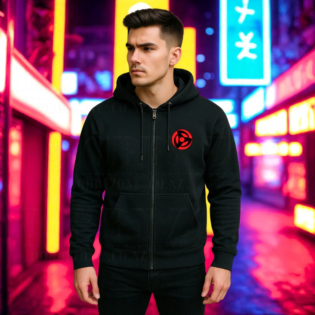 Naruto Uchiha Clan Cosplay Hoodie – Black Zip-Up with Sharingan - Image 3